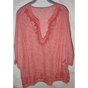 Anne Carson Top‎ 1X Coral/Pink Floral/Paisley Embroidered Trim 3/4 Sleeve V Neck